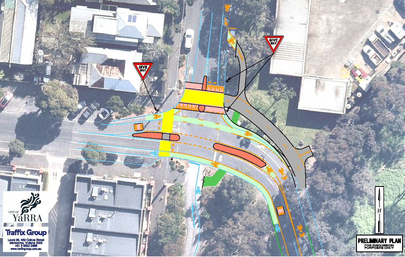 Birds eye view of intersection of Noone Street, Gray Street and Trenerry Crescent