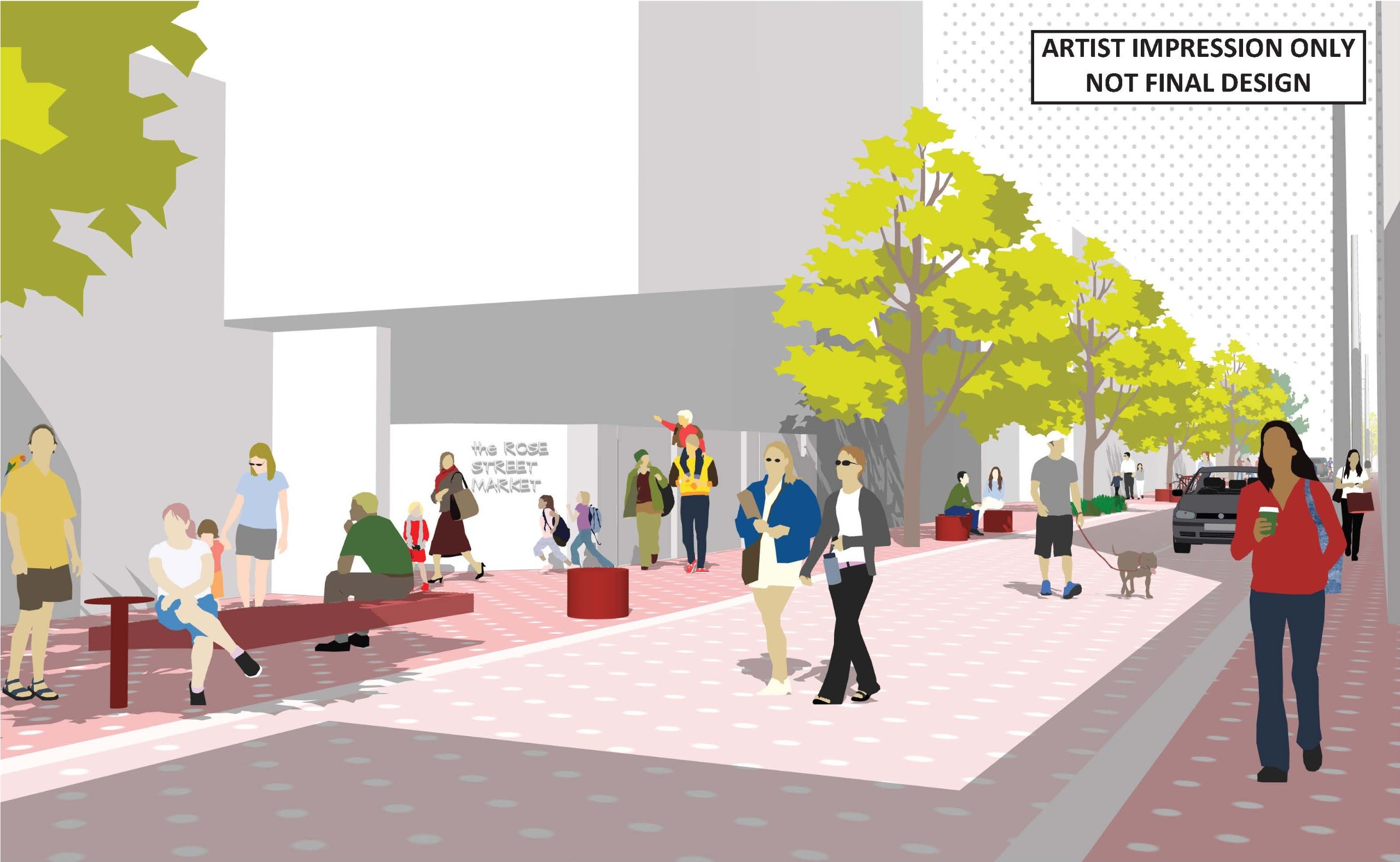 Artist impression : Artist impression showing wider footpaths and functional shared zone outside Rose Street Artists' Market