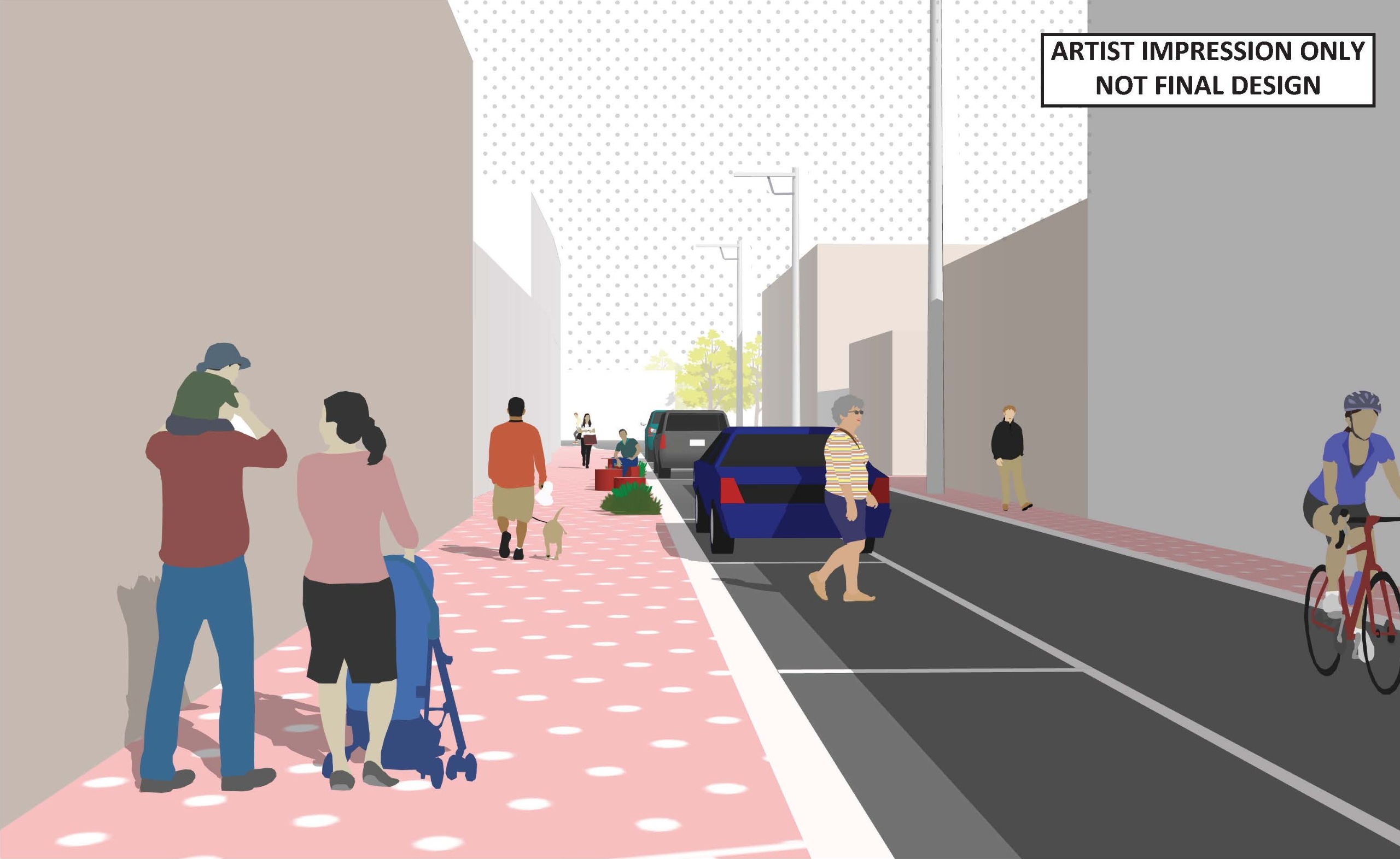 Artist impression : Artist impression showing wider footpaths and functional shared zone between Nicholson and Spring Street 