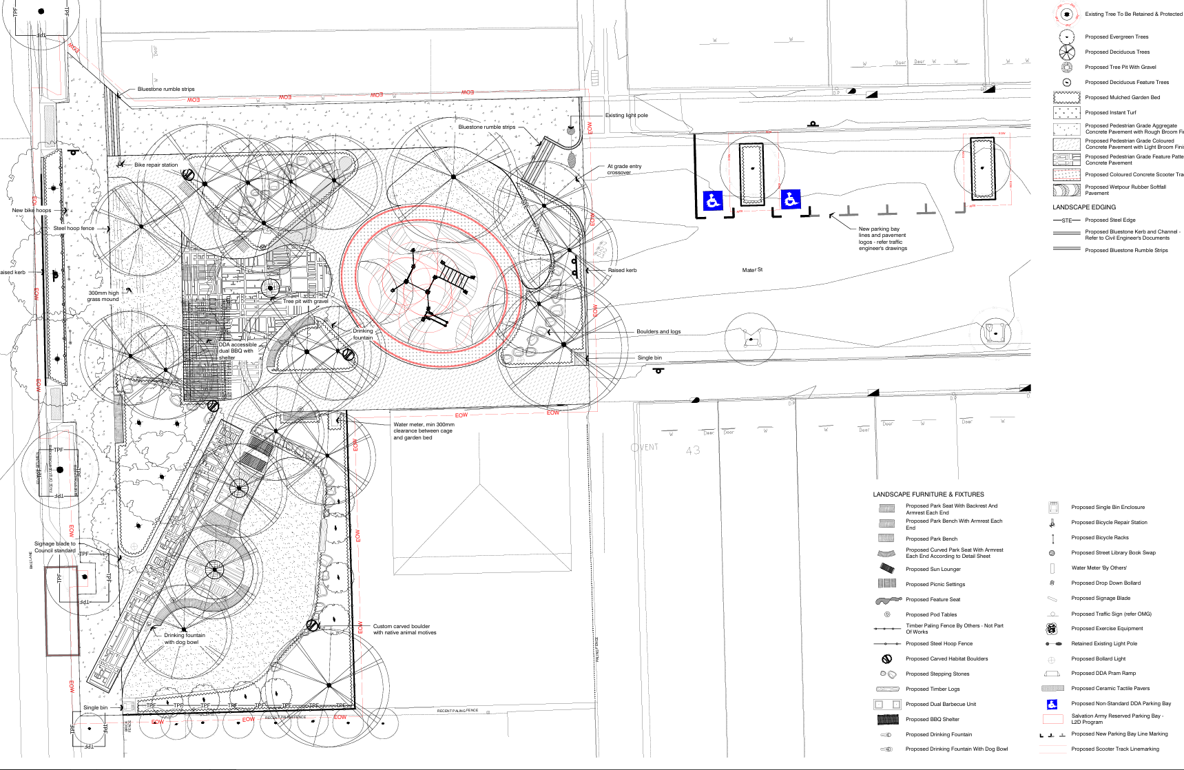 We have addressed community feedback received and have removed the basketball hoop from the final design. Council is preparing the tender for construction of this project.  A recommendation for tender will be presented at the Council Meeting in December for Council to award a contract for the Mater Street project.