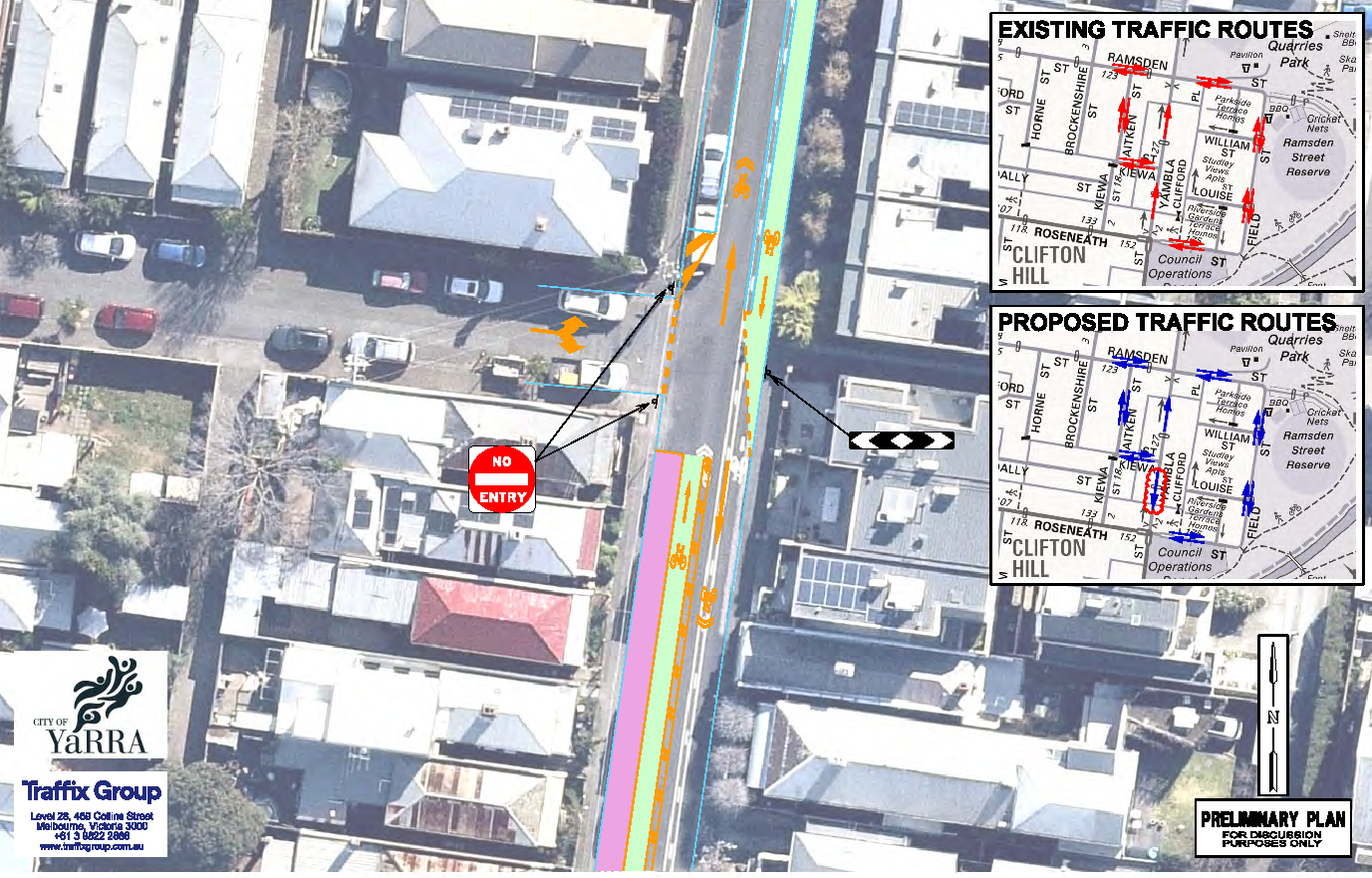 Birds eye view of Yambla and Keiwa streets at the intersection, with traffic routes marked