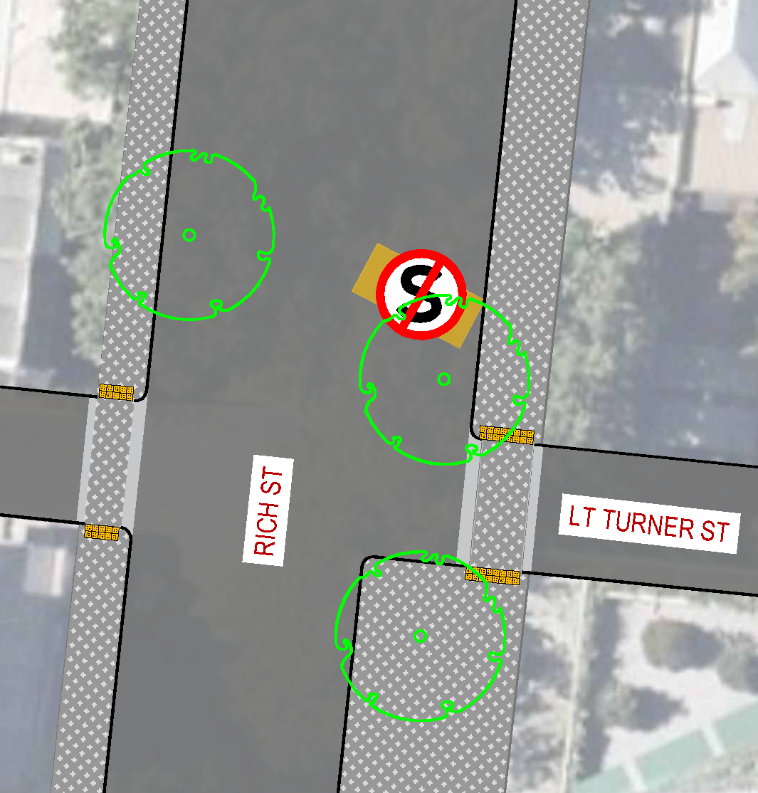 Diagram showing that one parking space will be removed on the north-eastern corner of the Rich Street and Little Turner Street intersection.
