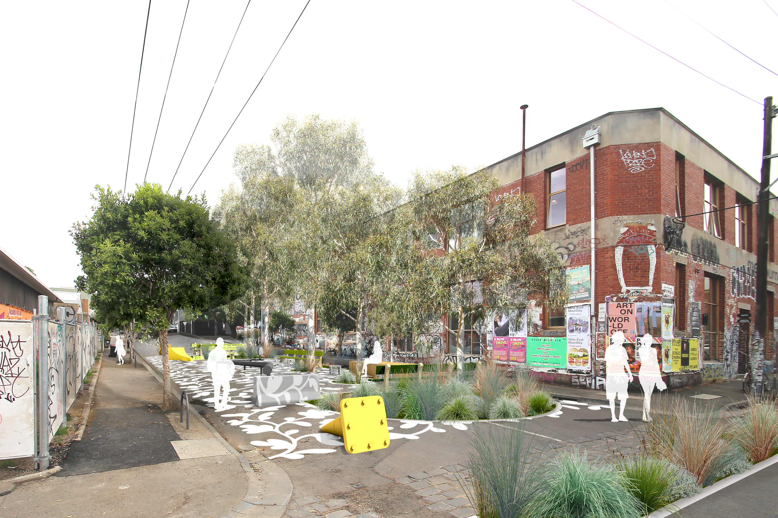 After: A street with trees planted and a red brick building
