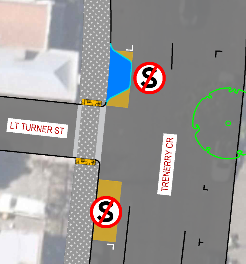 Image showing footpath extension and parking spaces affected at Trenerry Crescent Intersection