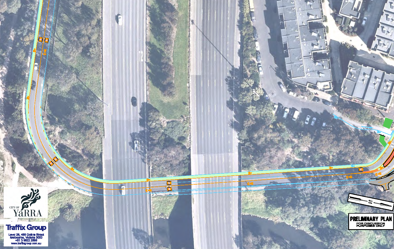 Birds eye view of intersection of Trenerry Crescent at the Eastern Freeway underpass