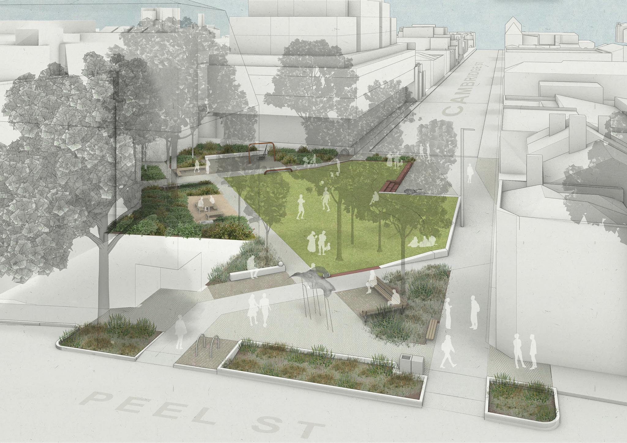 Image of the proposed concept design featuring a road closure, grassy areas, landscaping and paving