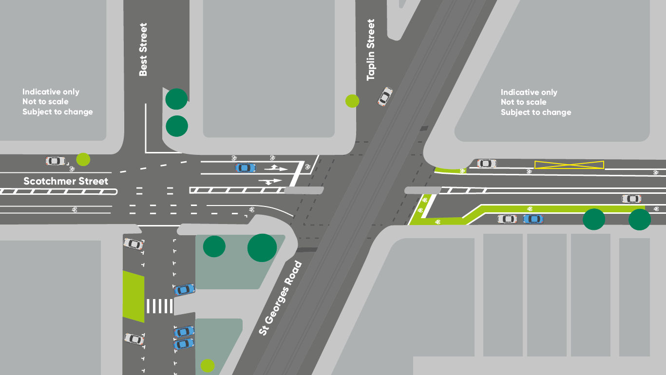 Current: An artist's interpretation of the current intersection layout of Scotchmer Street and St Georges Road. 
