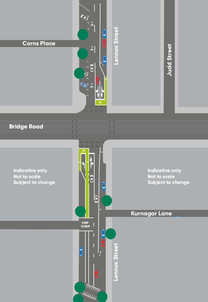 Current: An artist's interpretation of the current intersection layout of Lennox Street and Bridge Road.