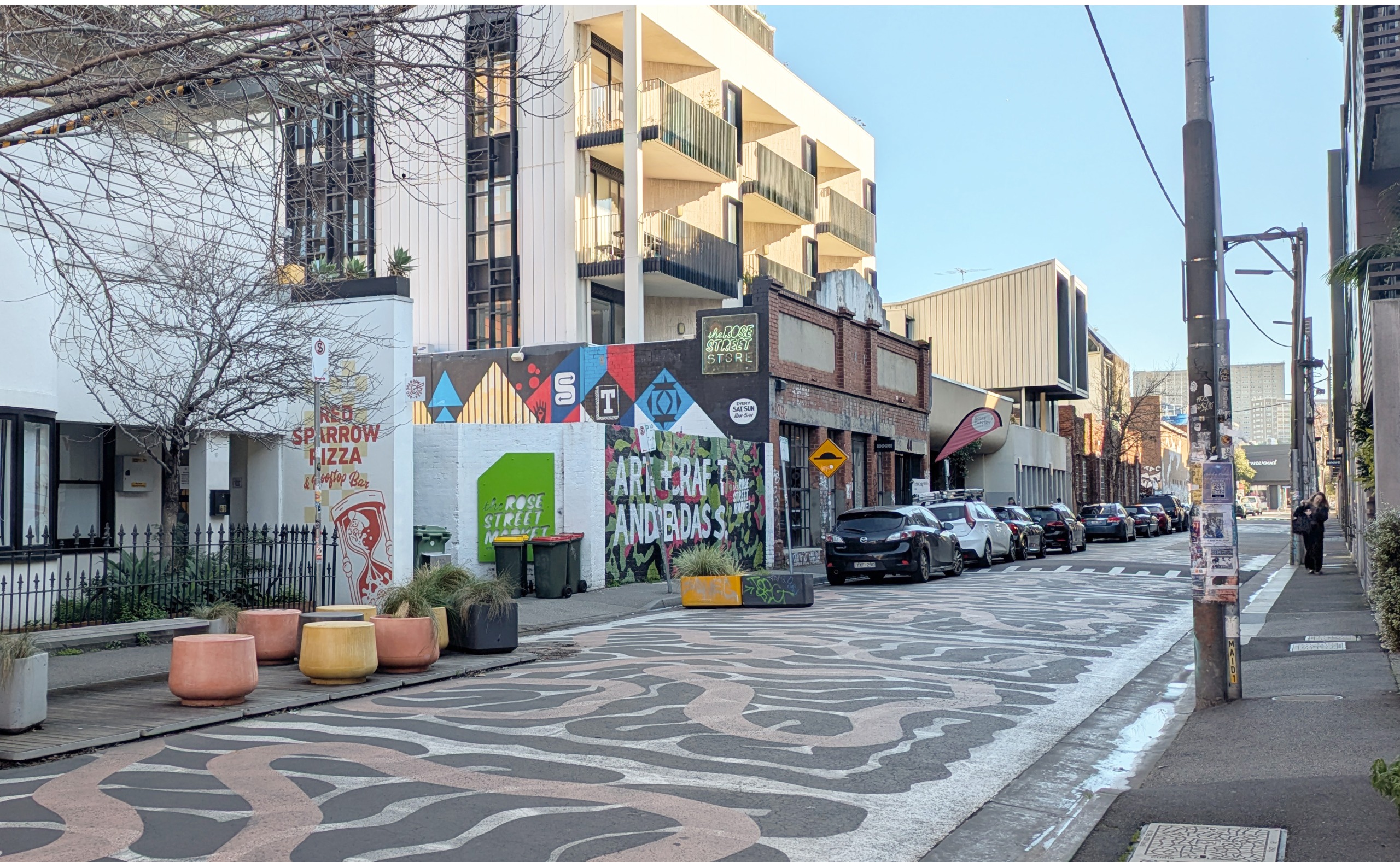 Existing Rose Street: Photo showing current conditions of Rose Street outside Rose Street Artists' Market