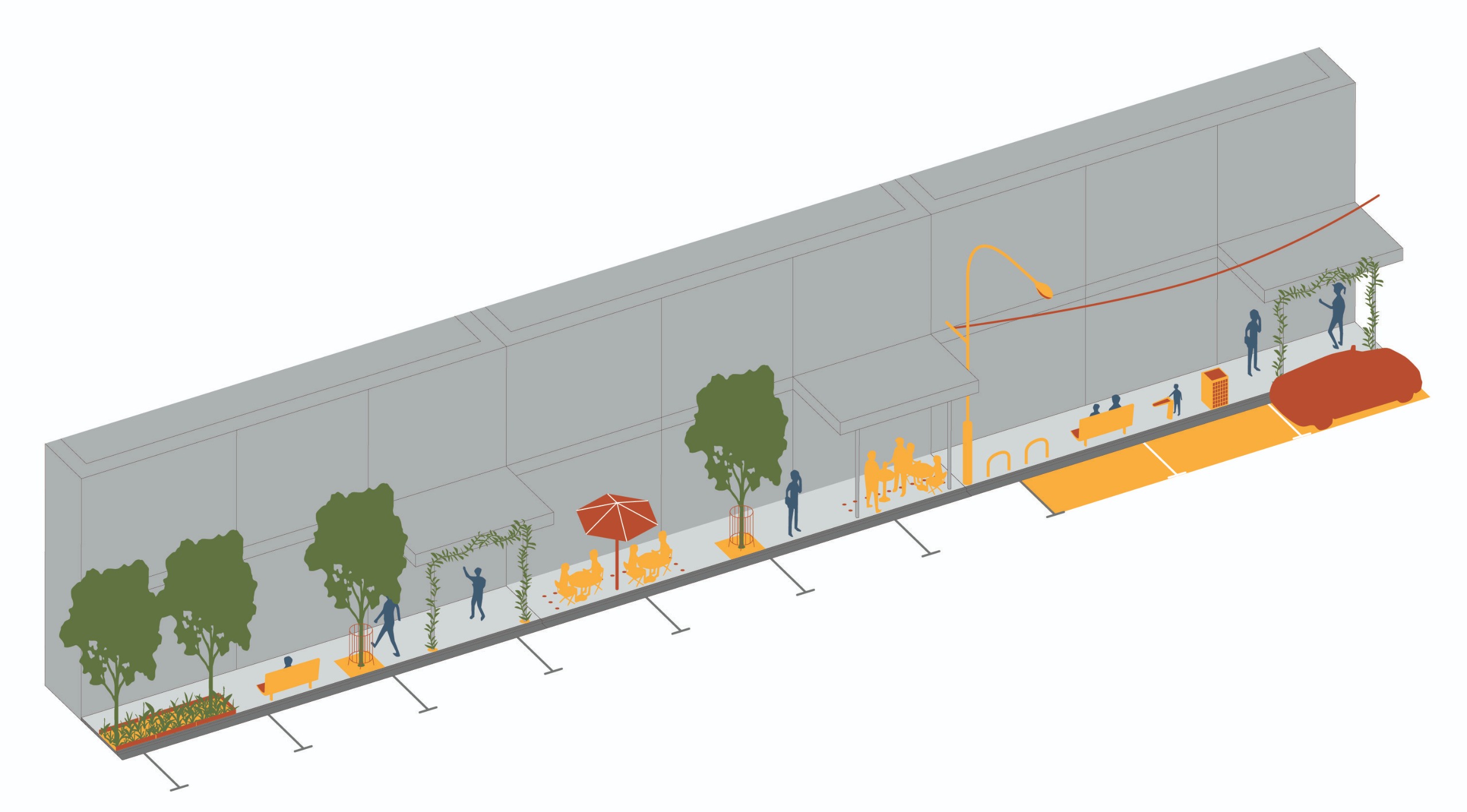 A mock up of a street, showing trees, pedestrians, bike hoops, outdoor dining, bins, awnings and car parks.