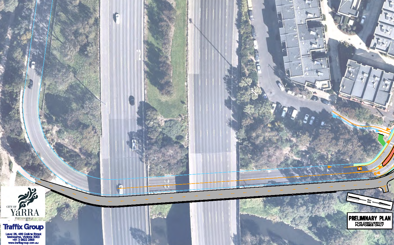 Birds eye view of Trenerry Crescent at the Eastern Freeway underpass