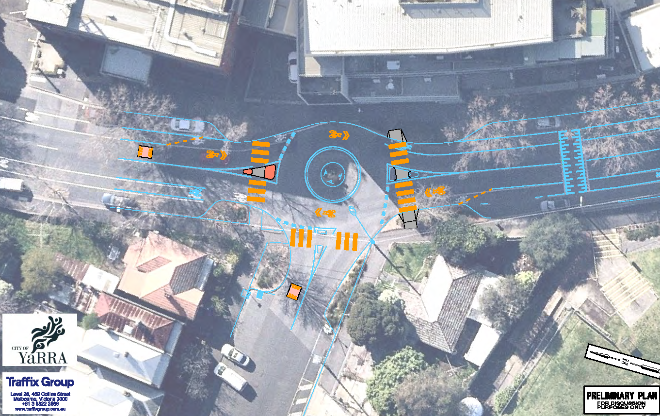 Birds eye view of roundabout at intersection of Trenerry and Abbott Street